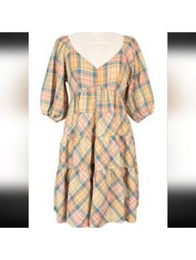 🎇 DREW By Anthropologie Orange and Blue Pleated Puff Sleeve Sundress XS